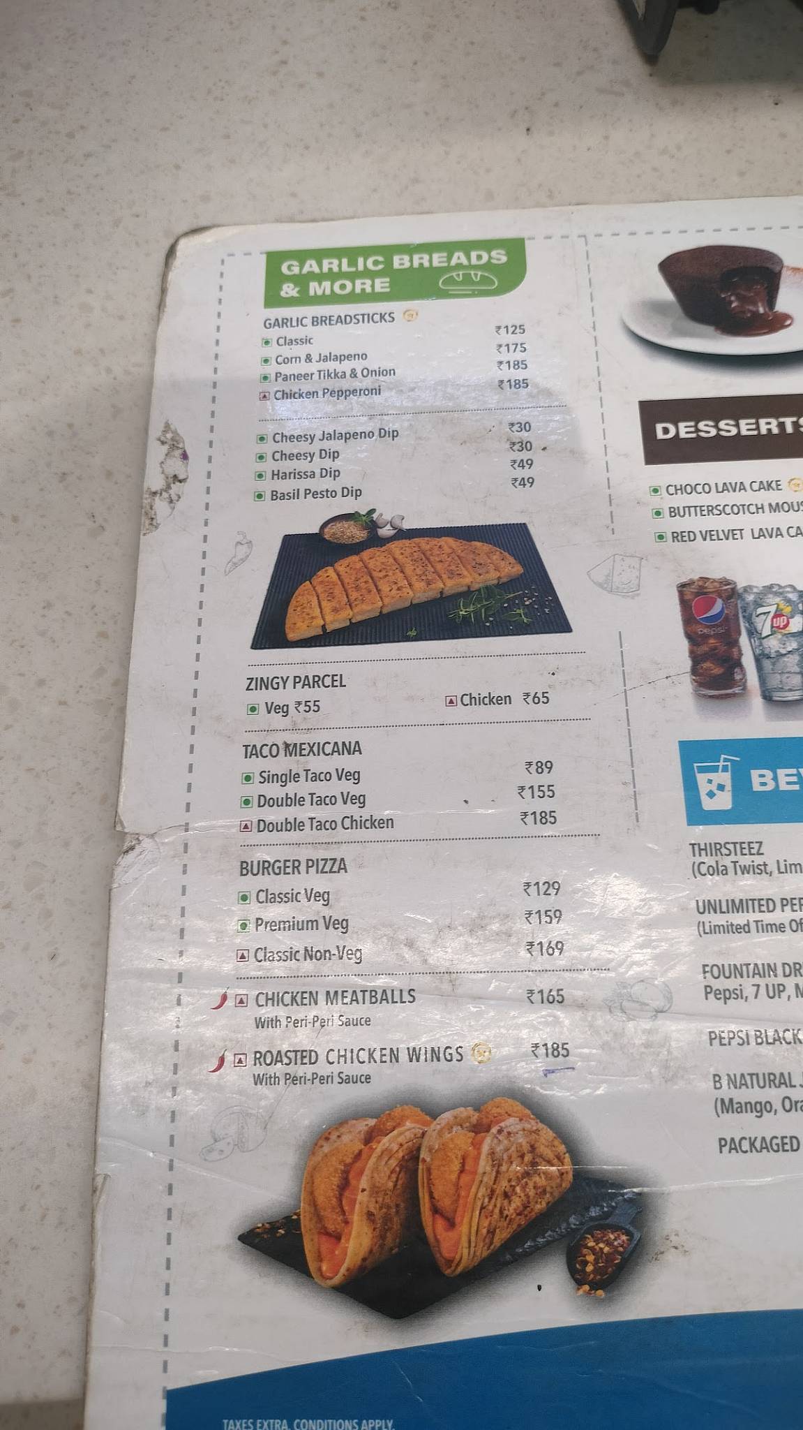 Domino's pizza menu