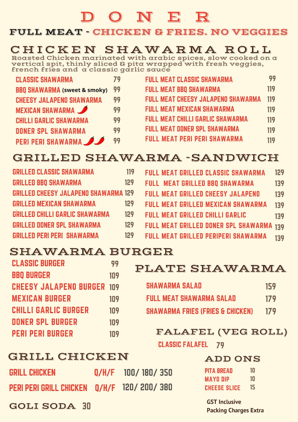 Doner Shawarmas menu