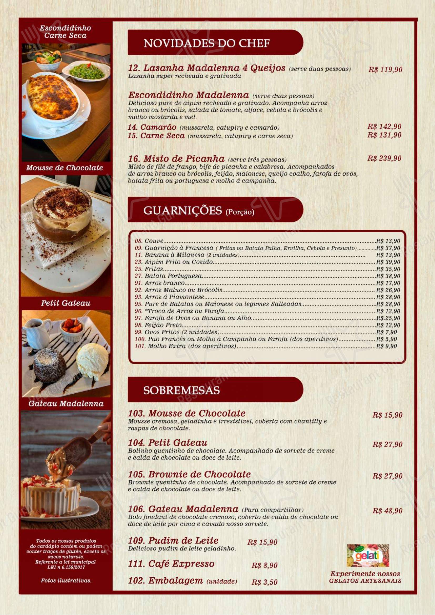 Menu para Madalenna Recreio – Bar, Restaurante e Pizzaria de Qualidade restaurante