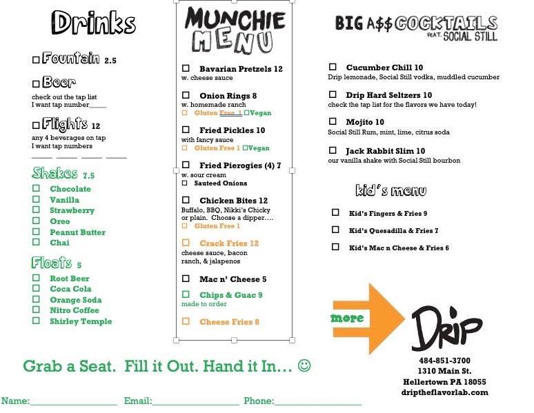 Menu at Drip pub & bar, Hellertown