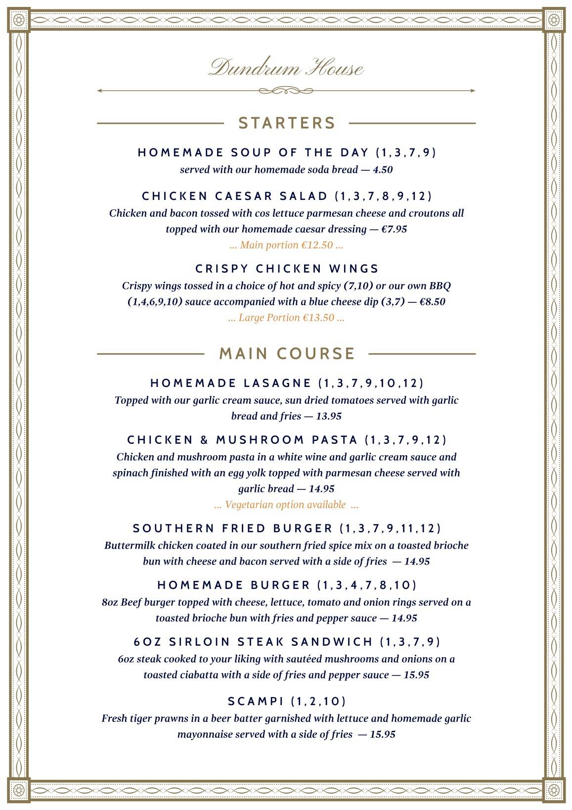 Menu at Dundrum House pub & bar, Ireland, 57 Main St