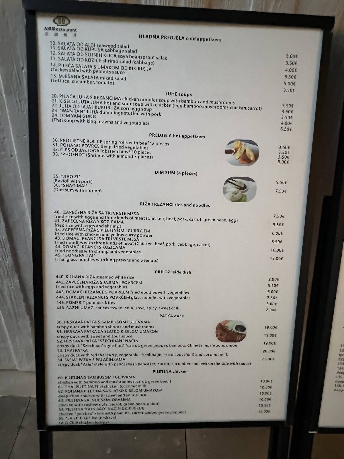 Menu di Asia restaurant Dubrovnik 