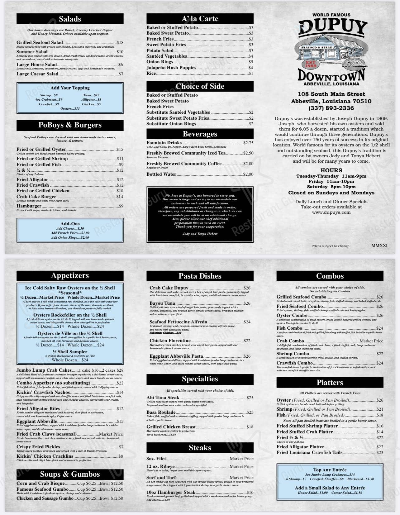 Menu at Dupuy's Seafood and Steak steakhouse, Abbeville