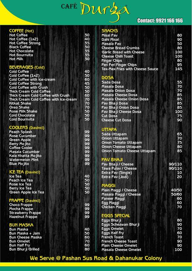 Durga Cafe Pashan Pune menu