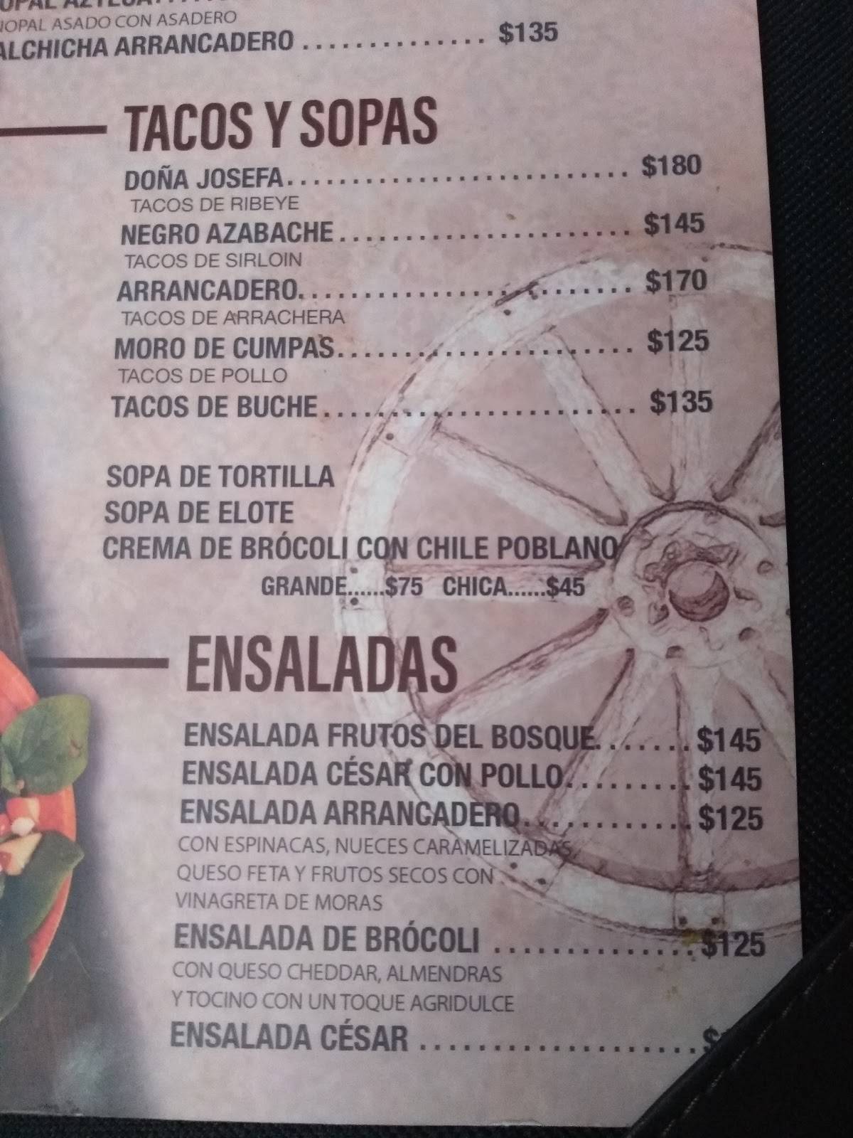 Carta de El Arrancadero Restaurant & Bar, Ciudad Juarez