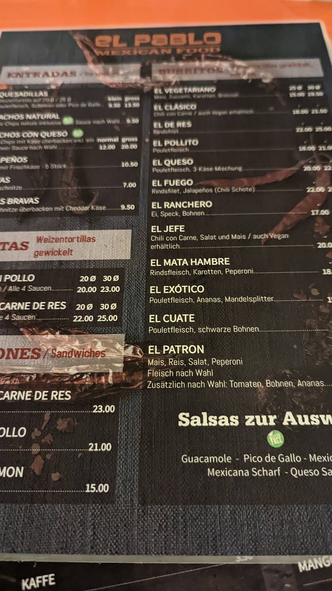 Menu at El Pablo, Winterthur, Grüzefeldstrasse 30