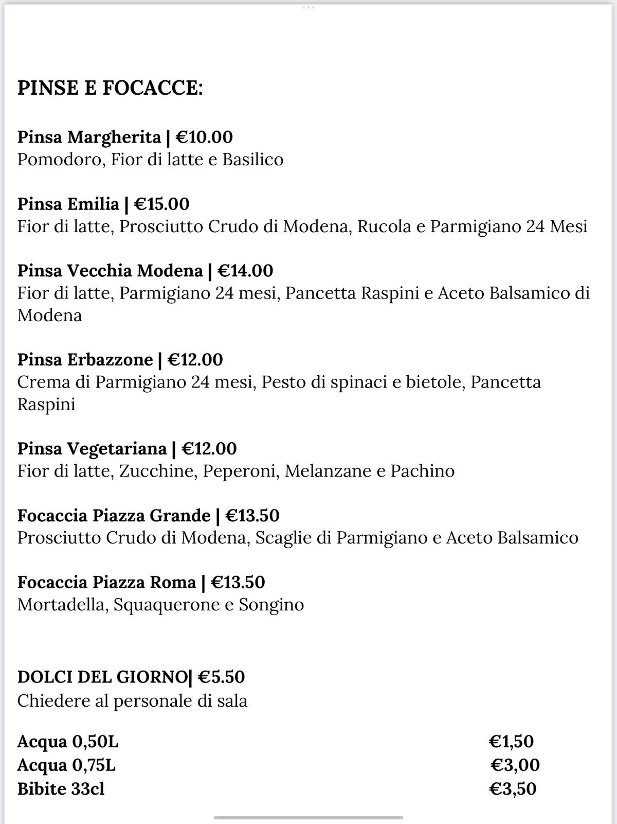 Menu de Emilia Bistrò