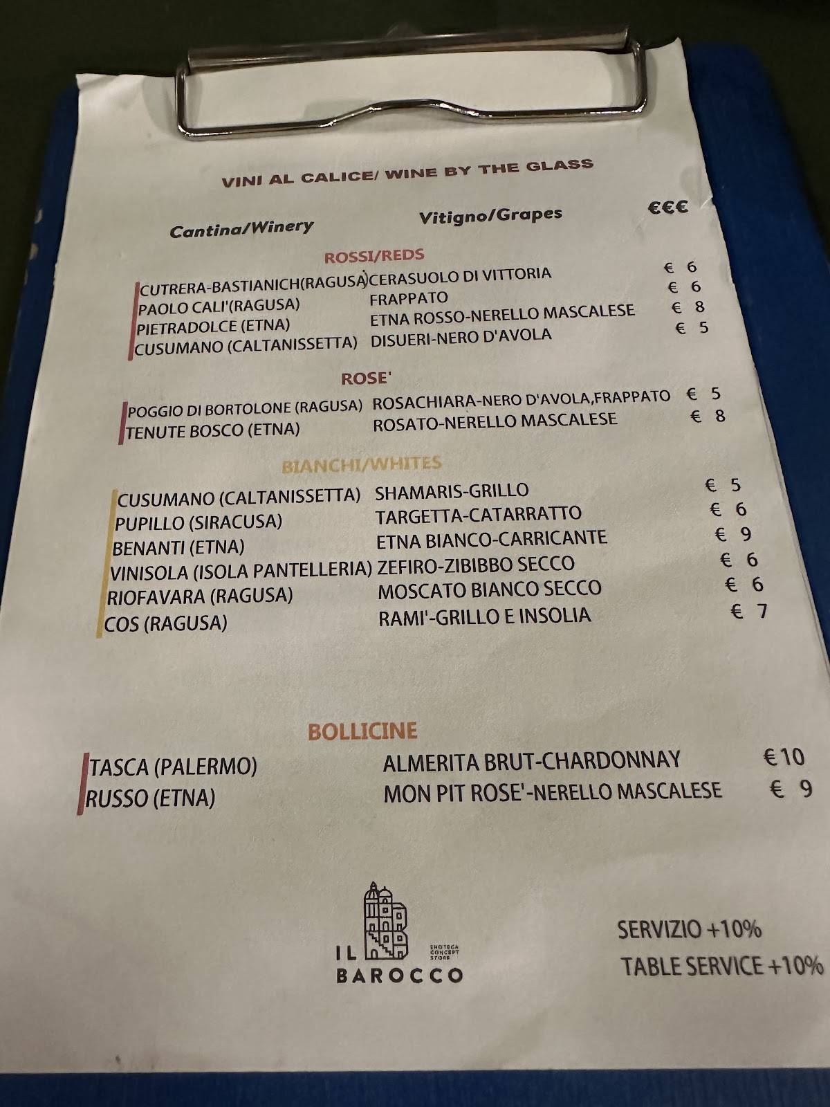 Menu di Enoteca Il Barocco 
