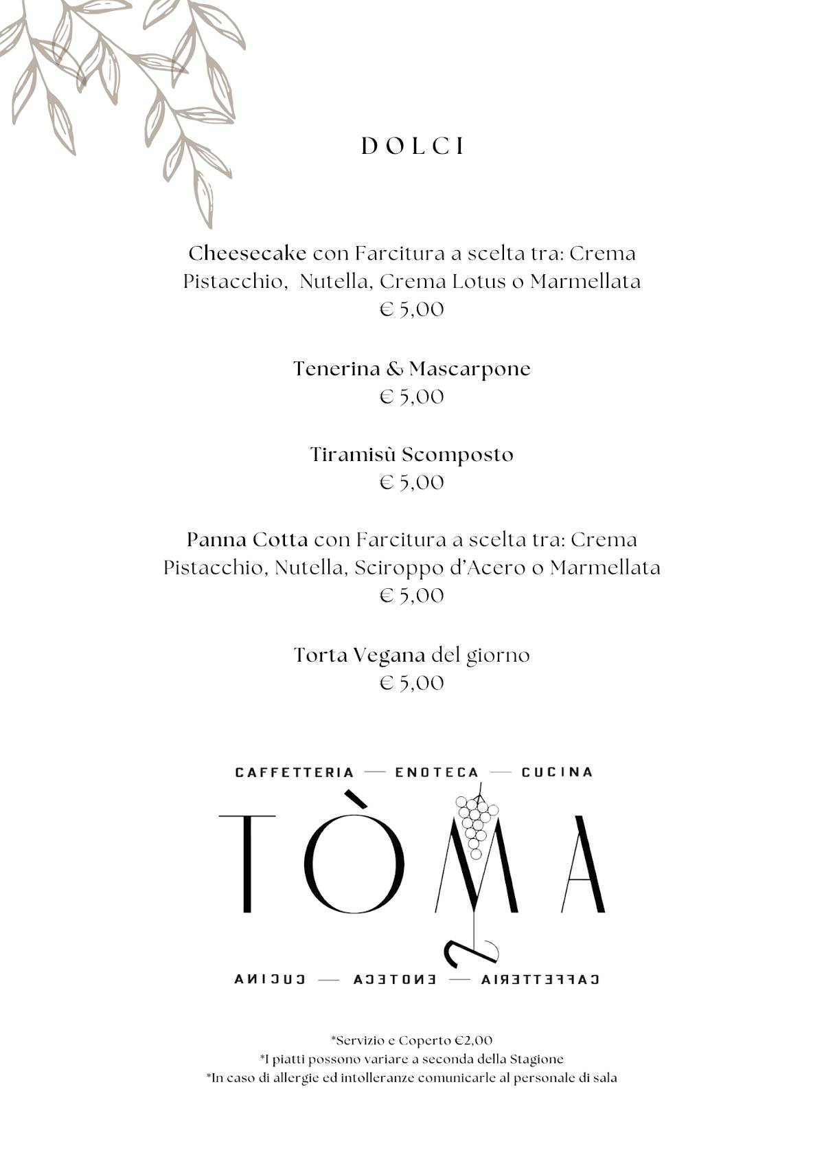 Menu di Enoteca con Cucina Tòma 