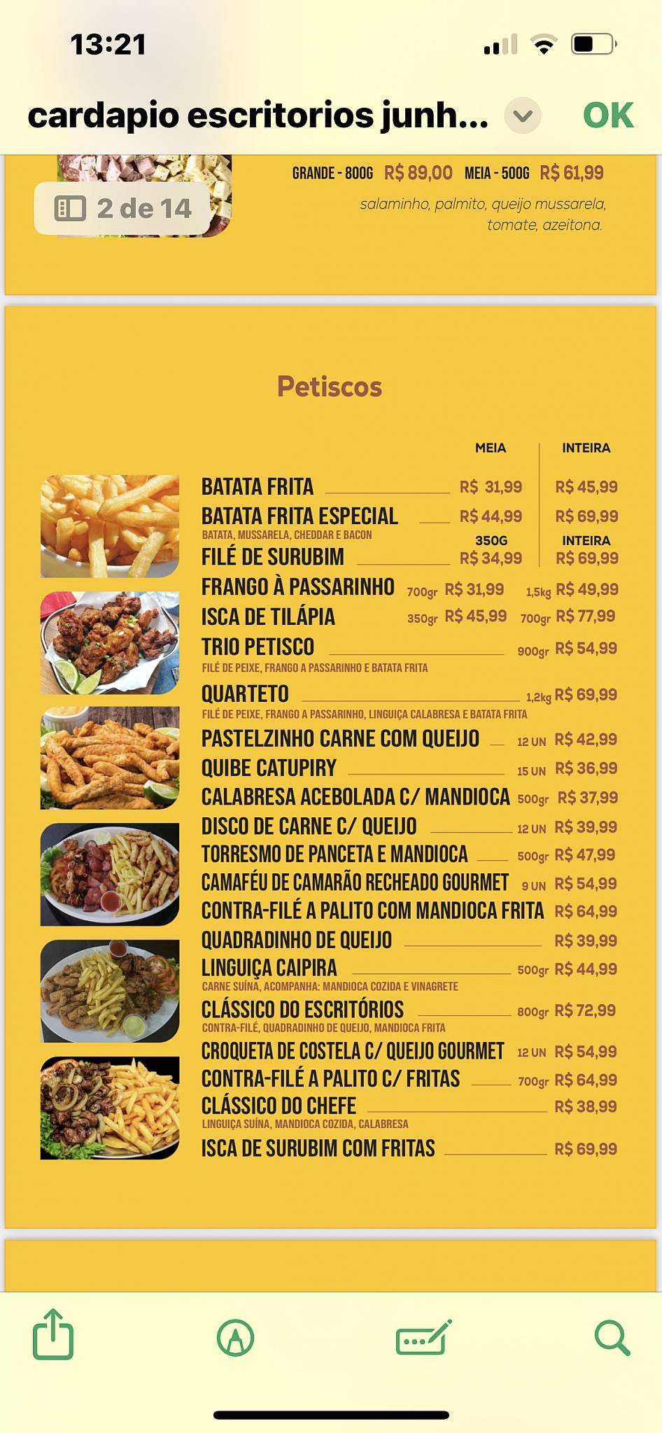 Escritórios Bar cardápio