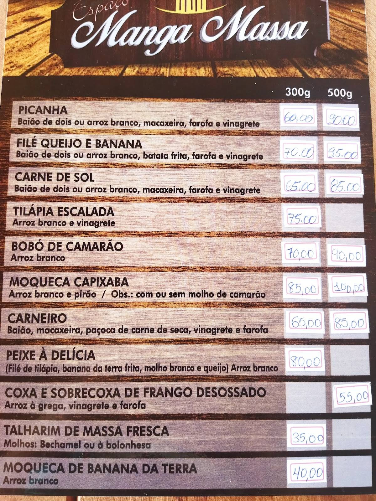 Espaço Manga Massa cardápio