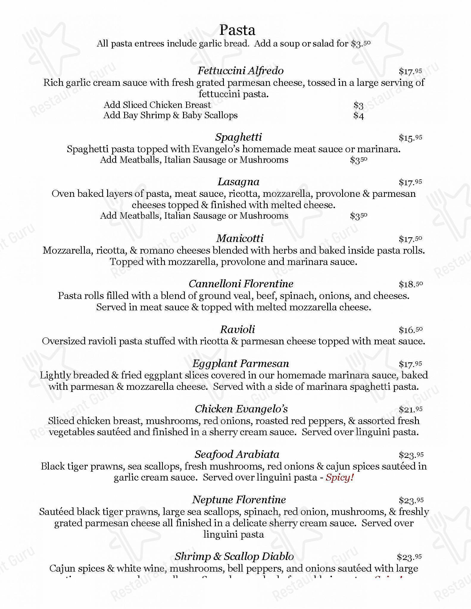 Menu at Evangelo's Restaurant, Wasilla, E Parks Hwy