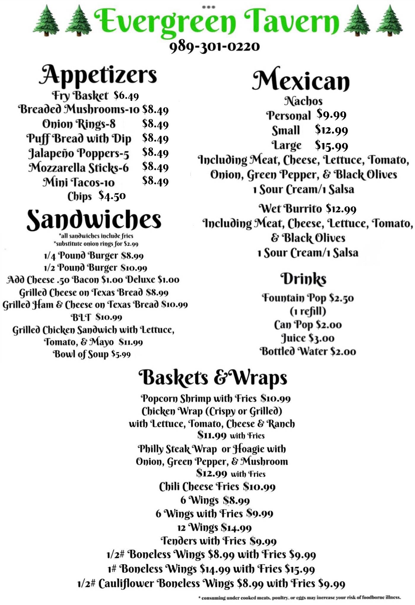 Menu at Evergreen Tavern pub & bar, Thomas Township