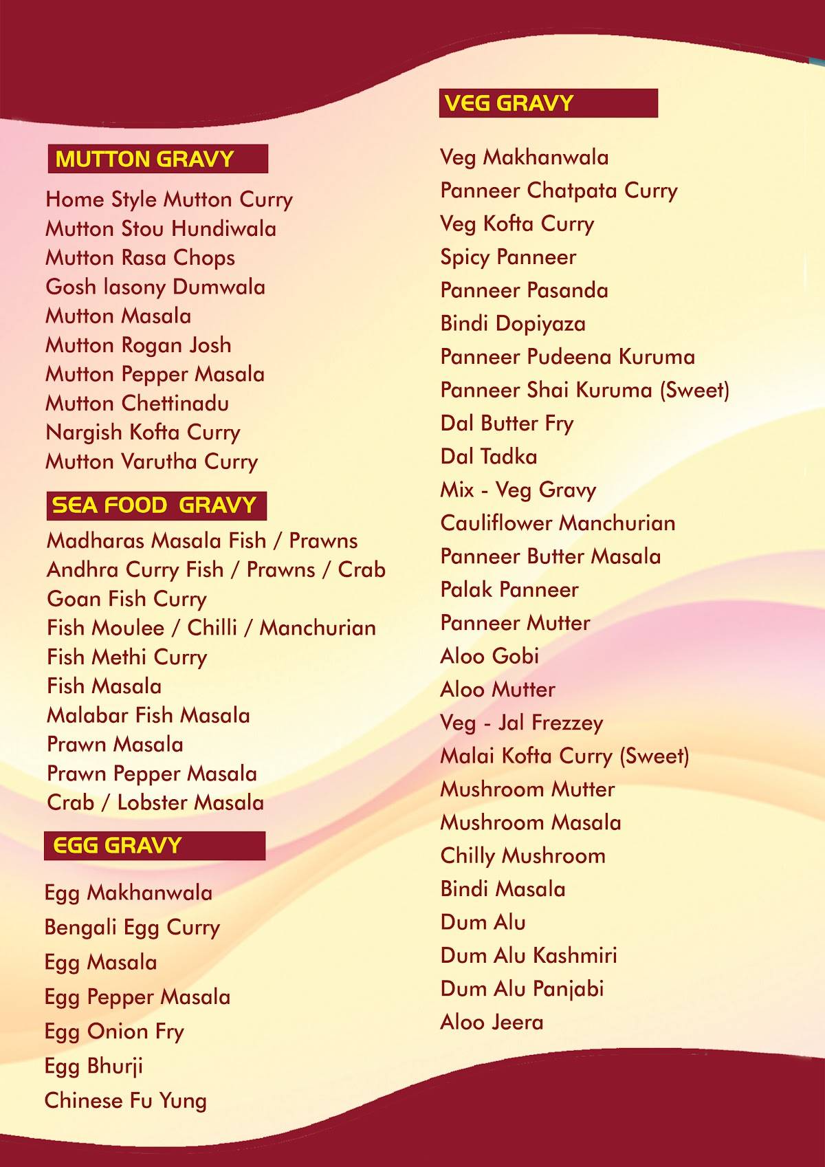 FM Caterers Kitchen menu