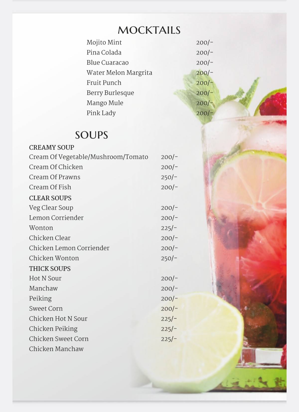 Evergreen Restaurant menu