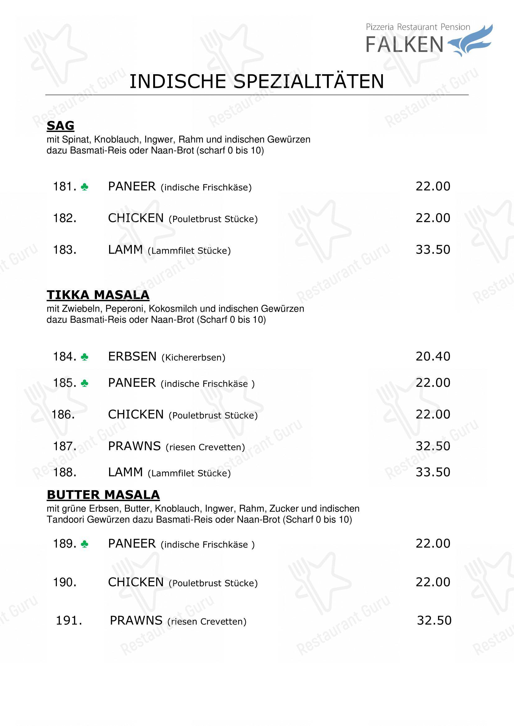 Menu di Falken, Pizzeria and Indian food - Menu bar