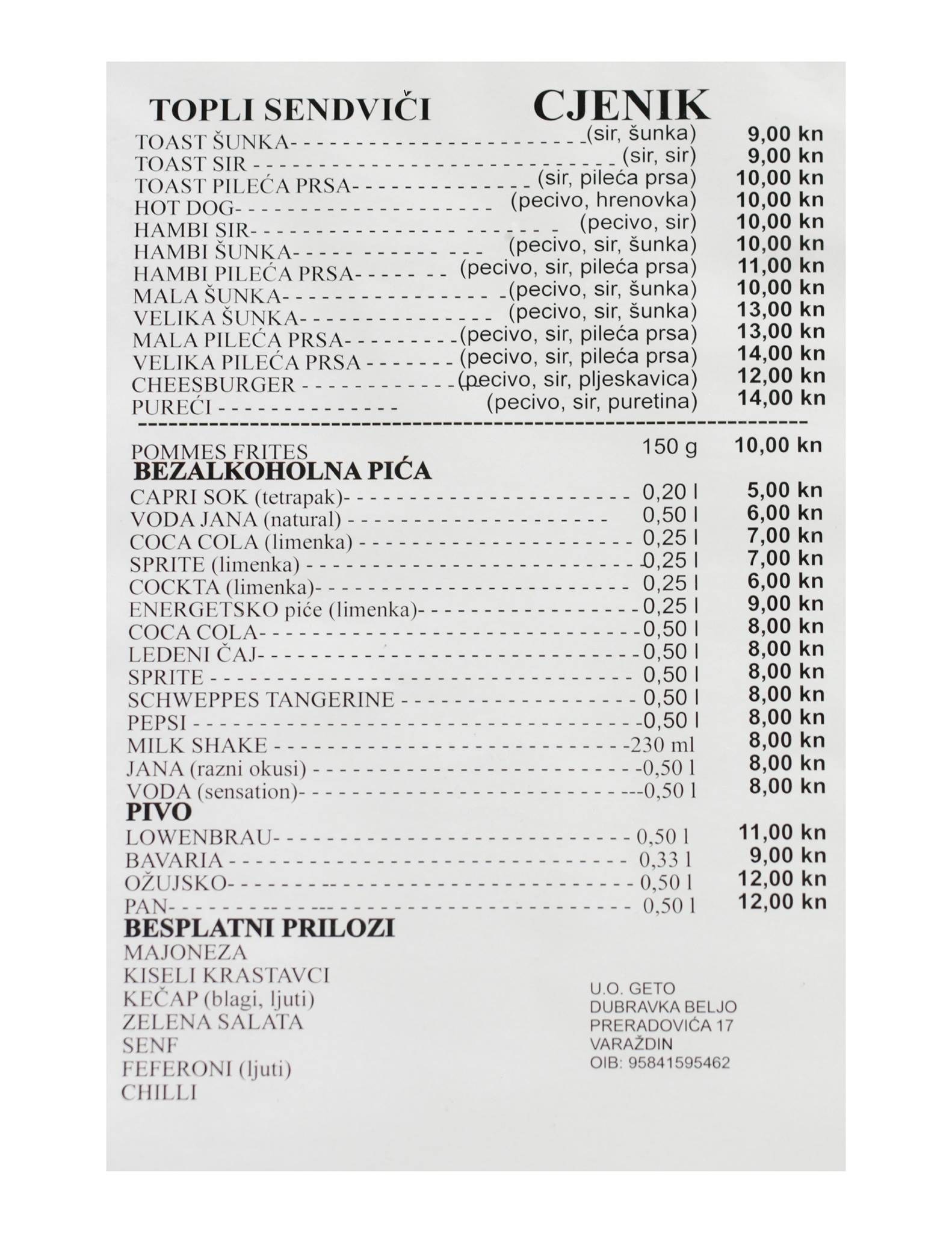 Menu di Fast food "Geto" Varaždin 