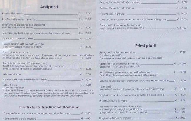 Menu di Trattoria Fauro Roma 