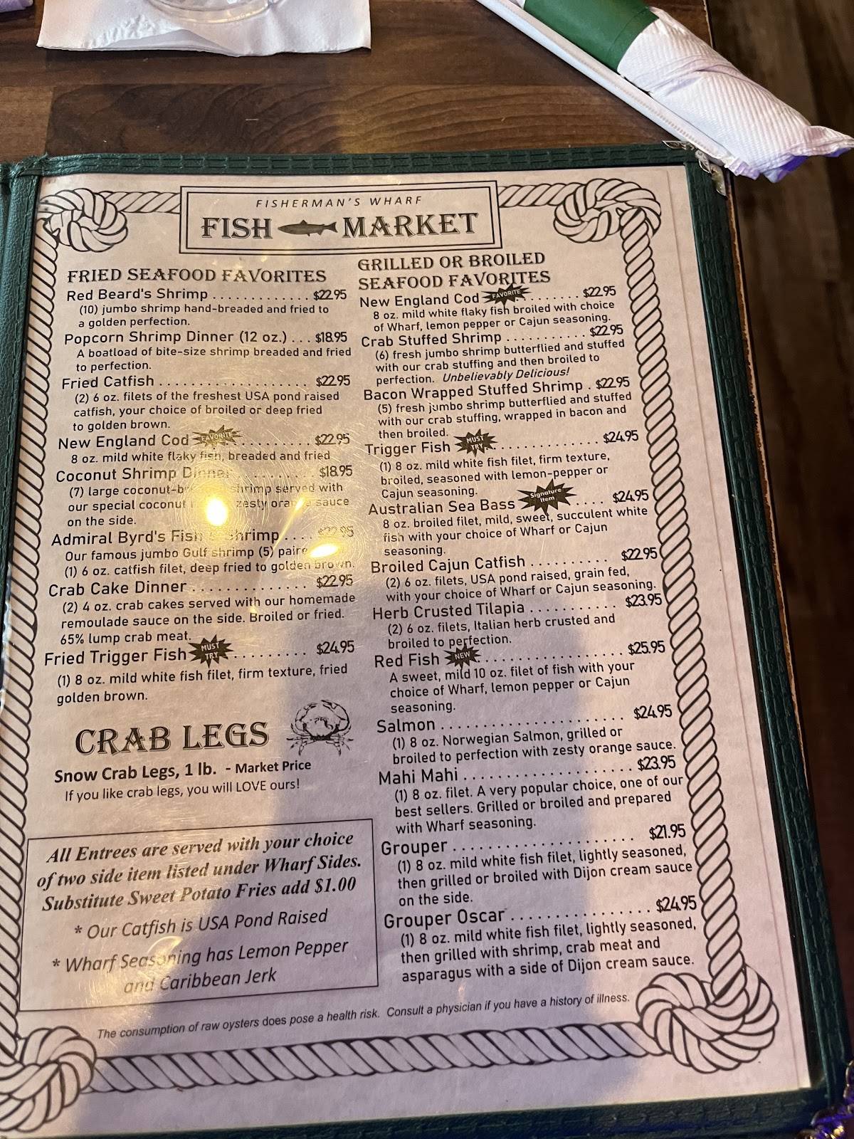 Menu at Fisherman's Wharf Steak & Seafood restaurant, Hot Springs