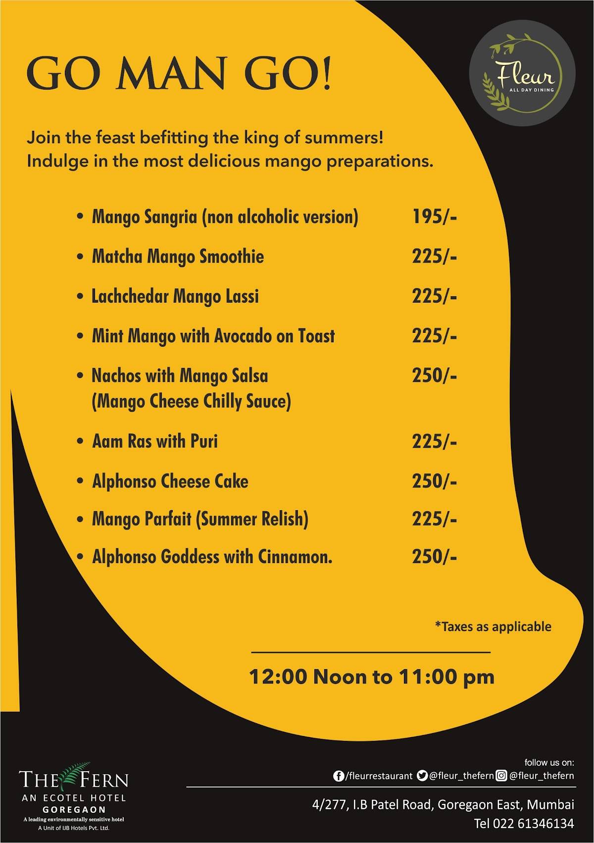 Fleur Restaurant - The Fern Hotel Goregaon menu