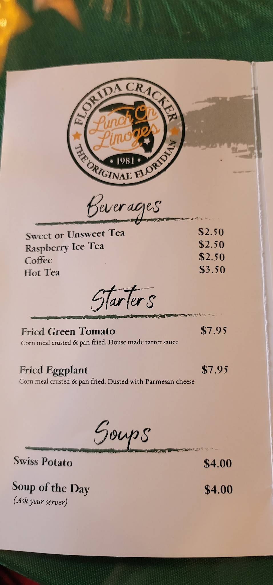 Menu at Florida Cracker Lunch On Limoges restaurant, Dade City, 7th St