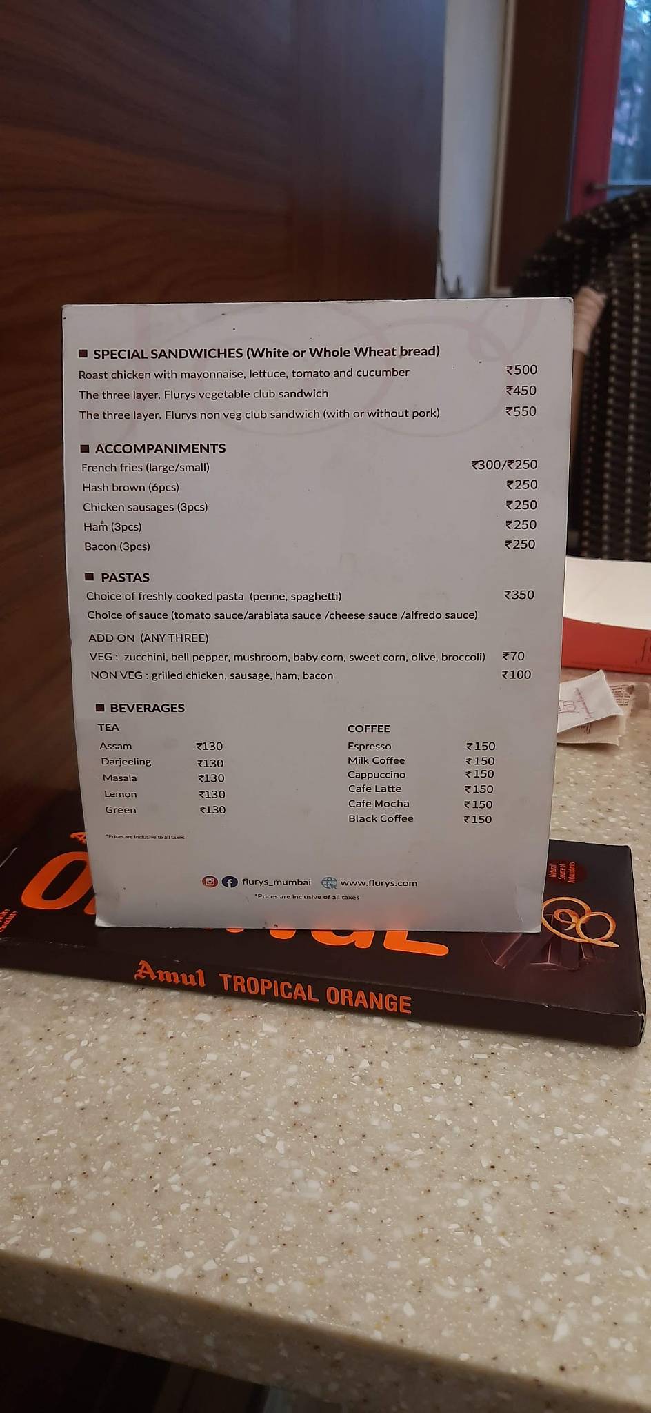 Flurys menu