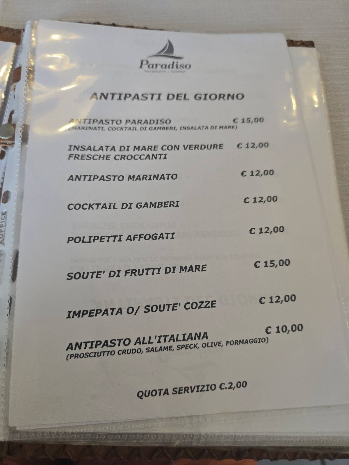 Menu di Ristorante Pizzeria Paradiso 