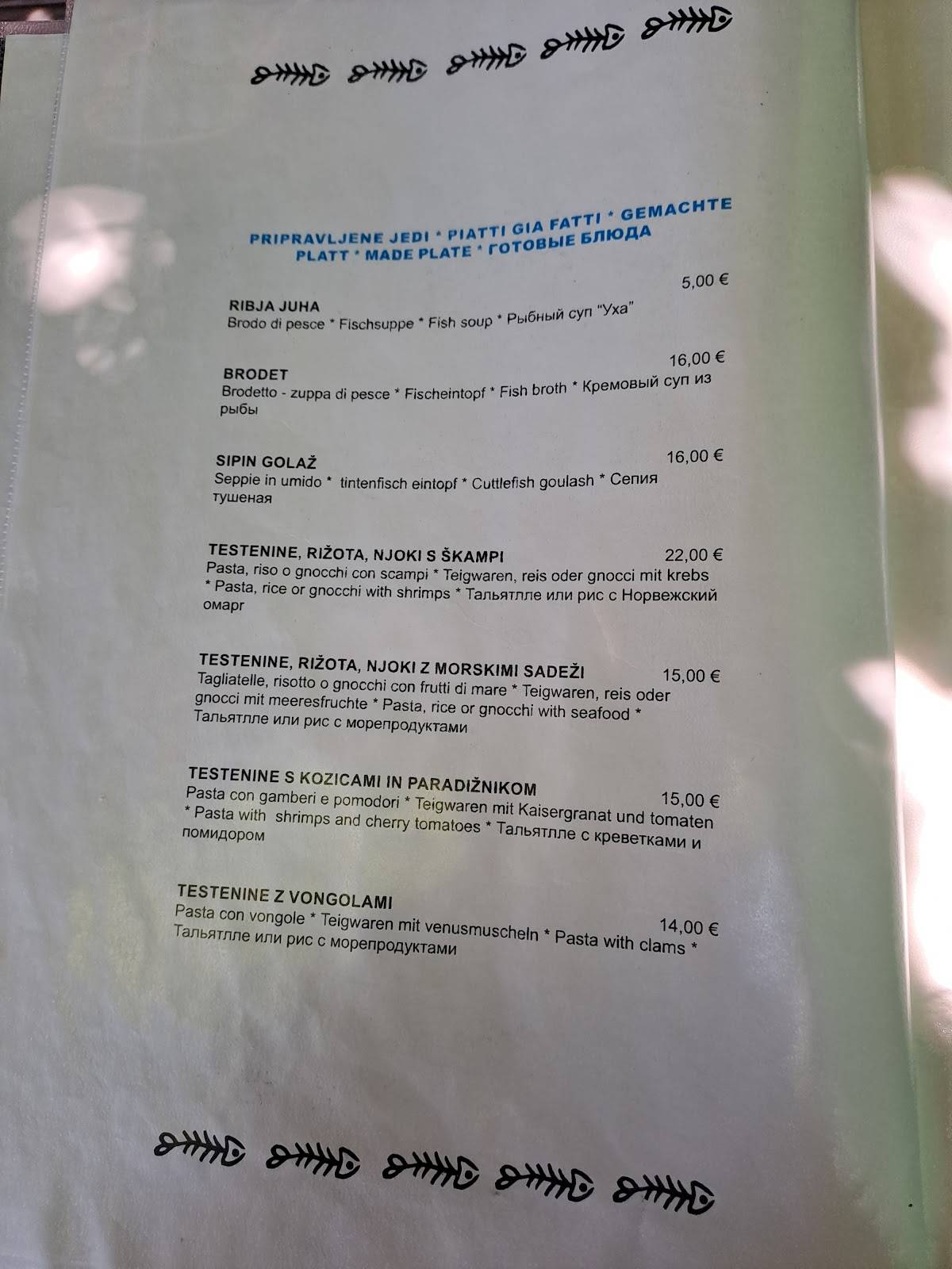 Menu di Fritolin, gostinstvo, d.o.o. 