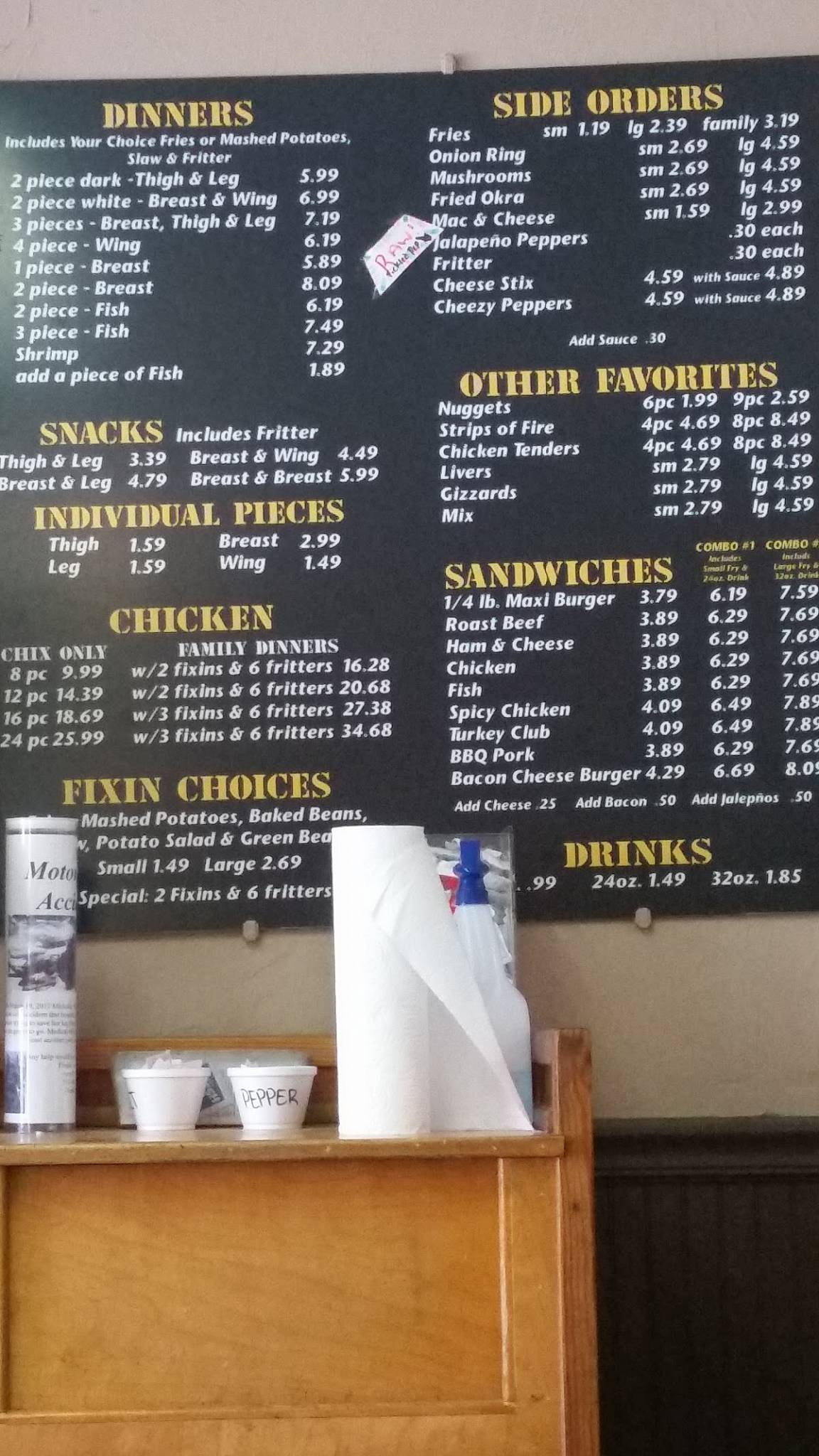 Menu at Fryer's Chicken restaurant, Melrose