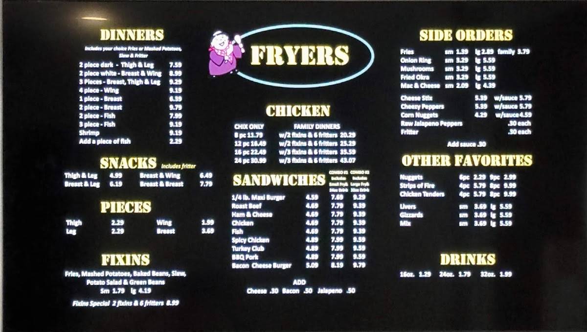 Menu at Fryer's Chicken restaurant, Melrose