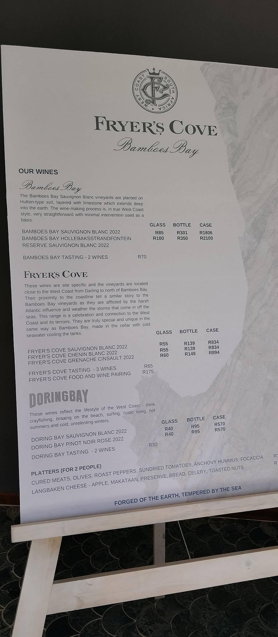 Menu at Fryer's Cove Vineyard restaurant, Doringbaai