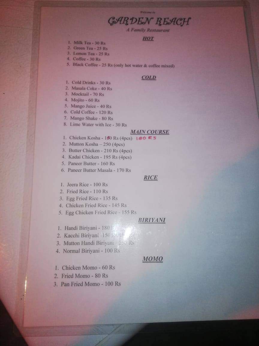 Garden Reach- The Family Restaurant menu