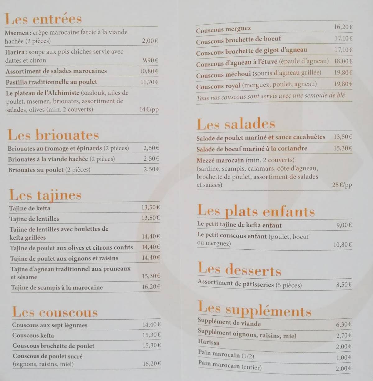 Menu de L'Alchimiste