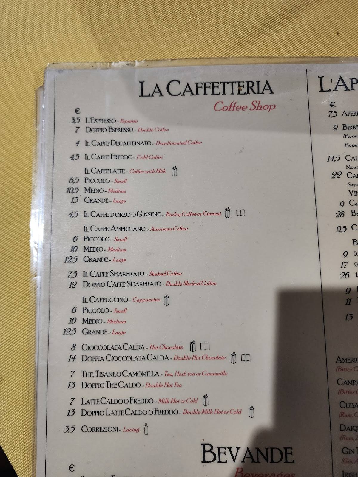 Menu di Giamaica caffe' 