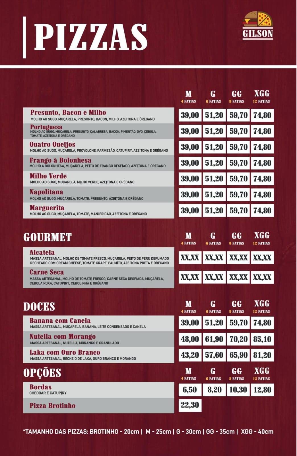 Gilson Burger e Pizzaria cardápio