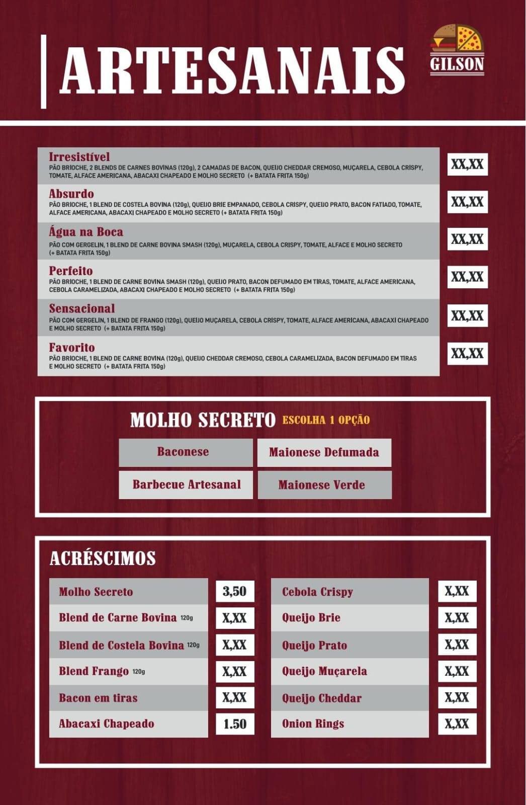 Gilson Burger e Pizzaria cardápio