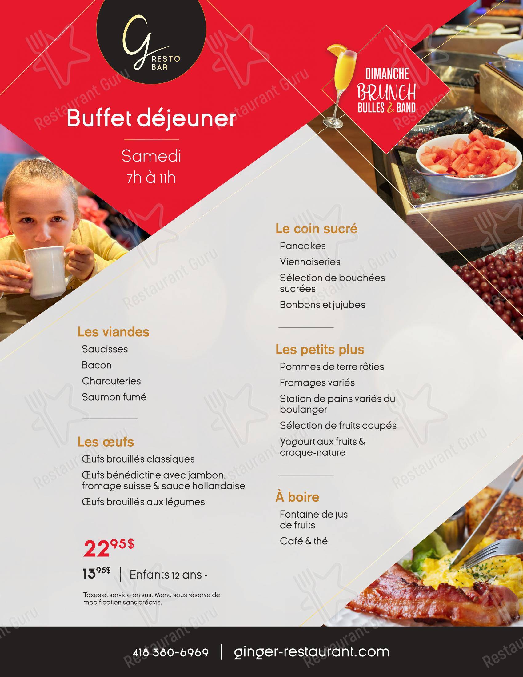 Dinner Menu pour Ginger Resto-Bar restaurant
