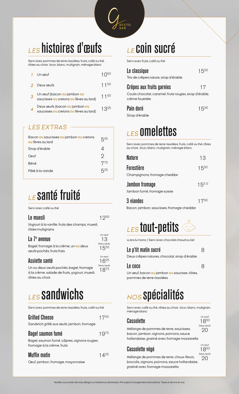 Menu de Ginger Resto-Bar