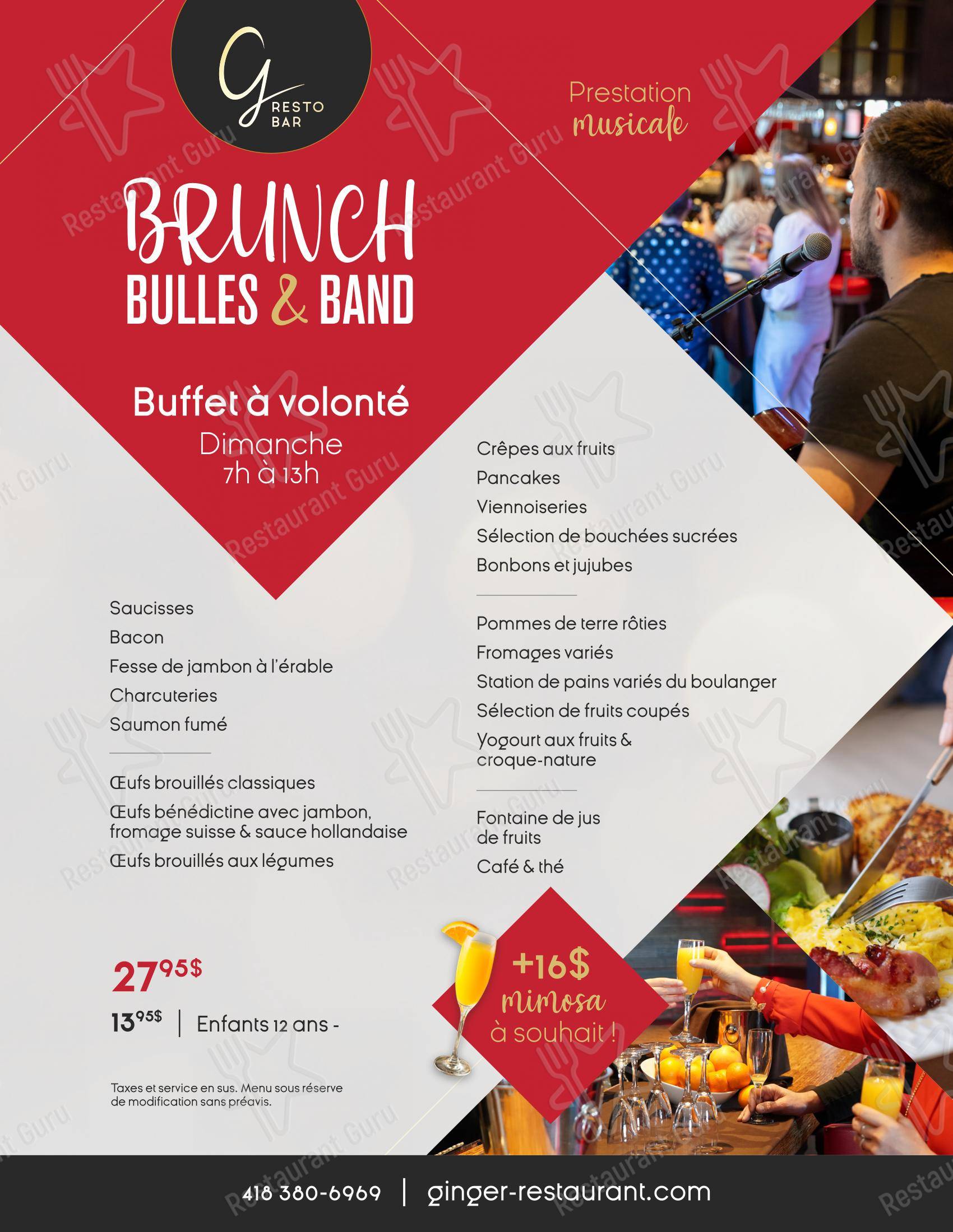 Menu pour Ginger Resto-Bar - repas et boissons