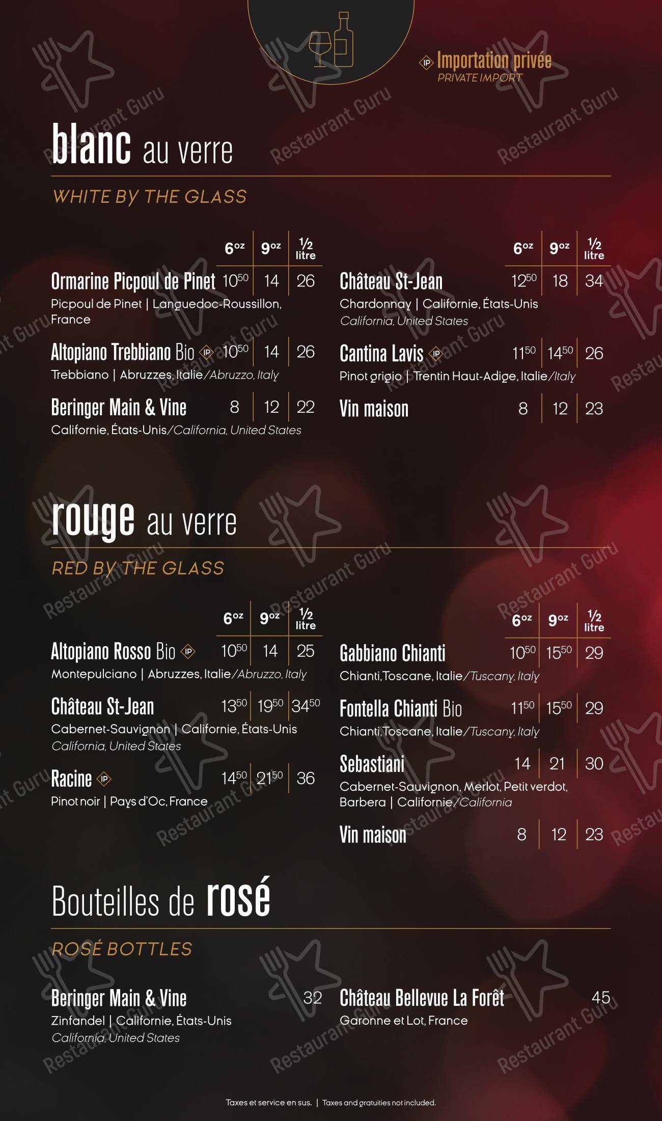 Menu pour Ginger Resto-Bar - Wine Menu