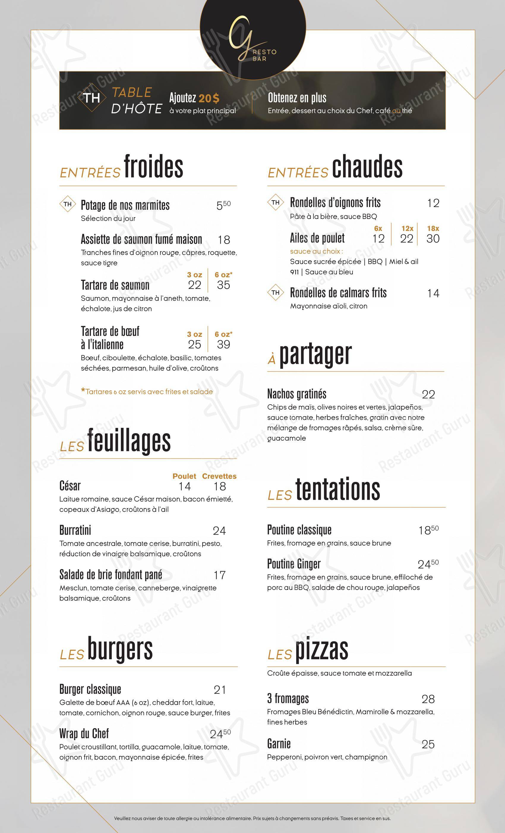 Основное меню pour Ginger Resto-Bar dans Québec