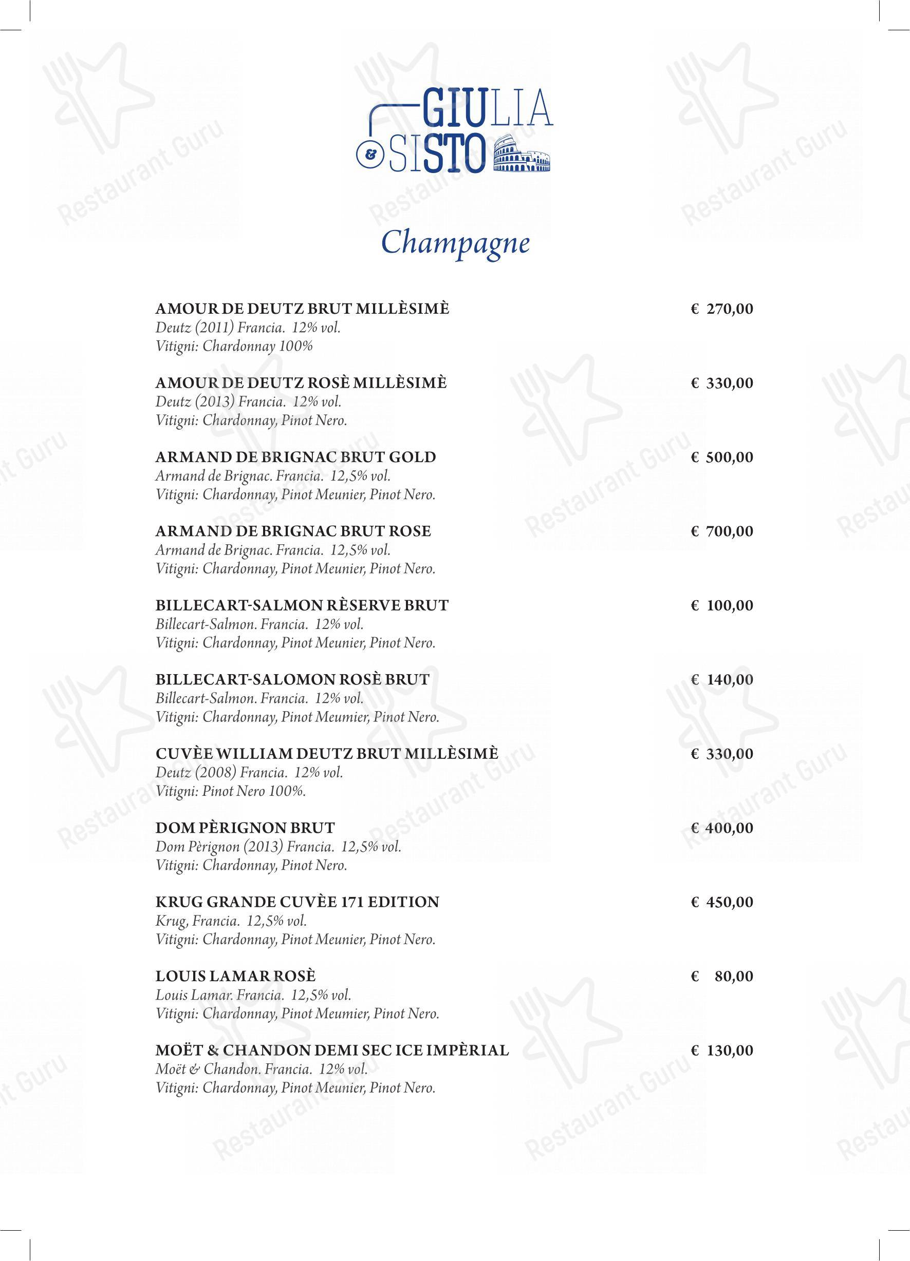 Menu di Giulia&Sisto Roma Terrazza San Clemente - Menu bar