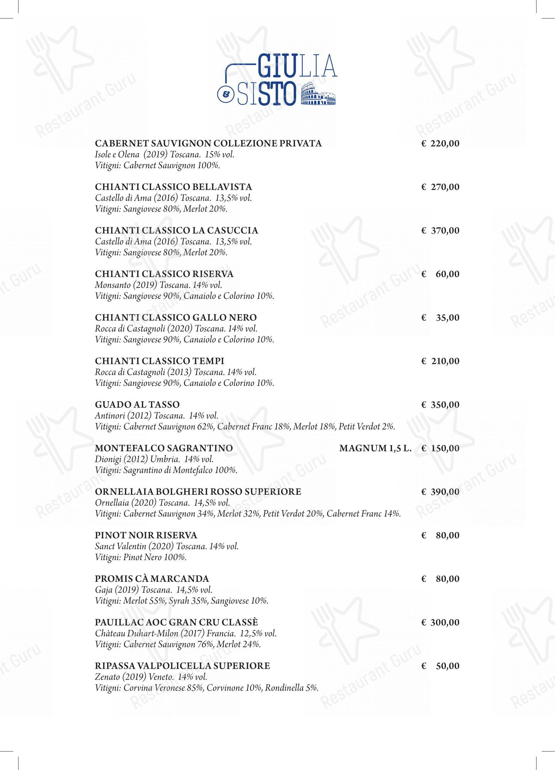 Menu di Giulia&Sisto Roma Terrazza San Clemente - Menu bar