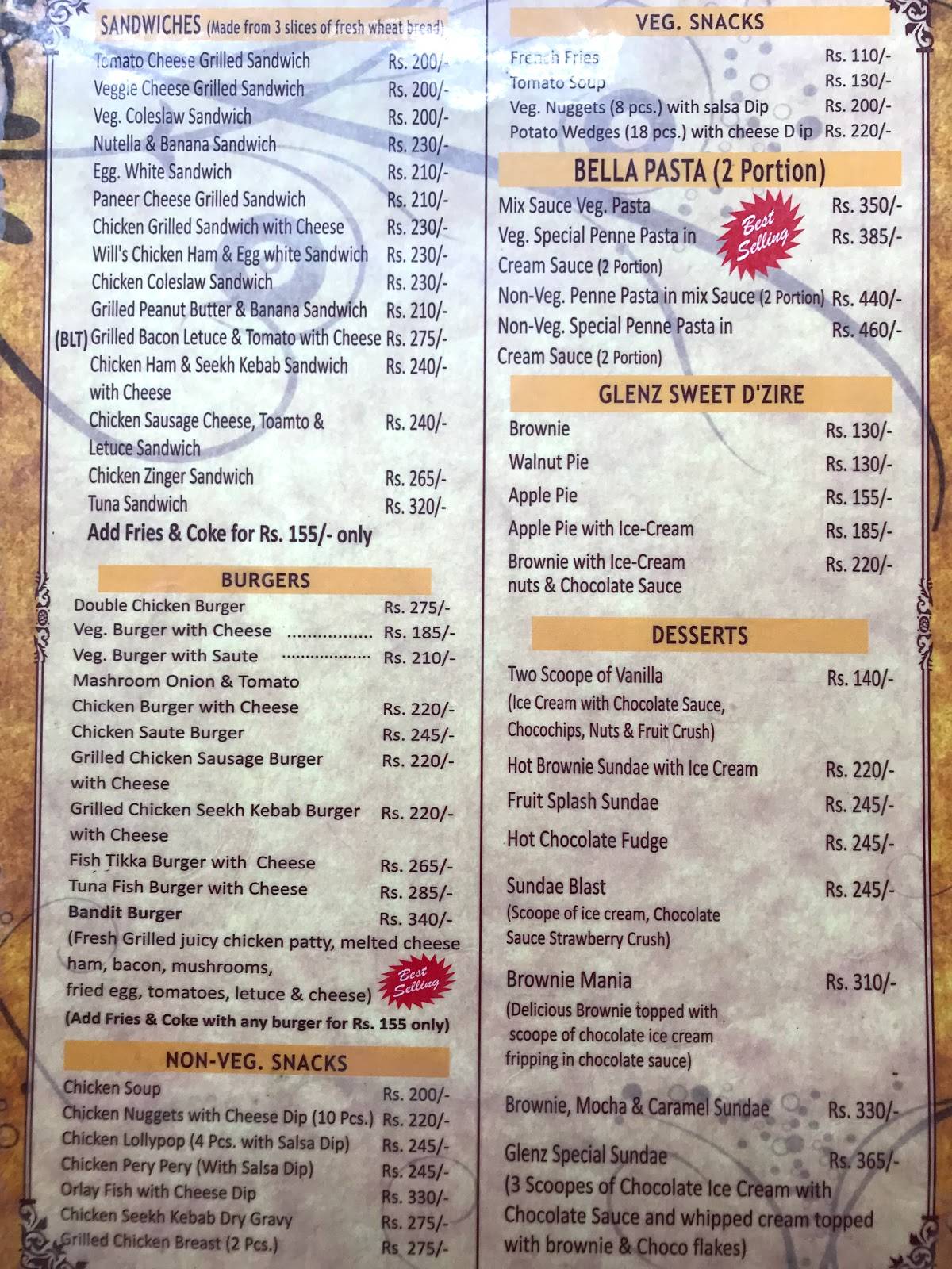 Glenz Cafe and Bakers menu