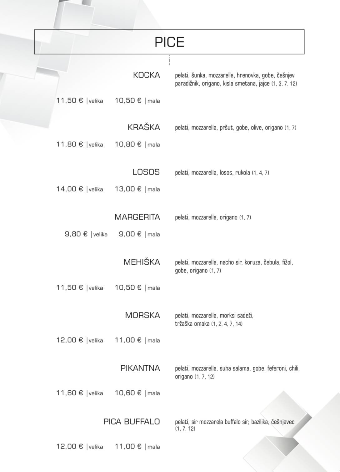 Menu di Gostilnica in picerija KOCKA 