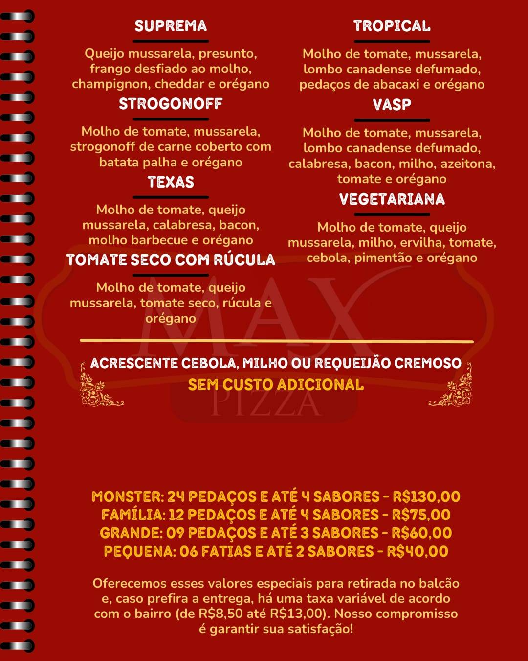 Max Pizza cardápio