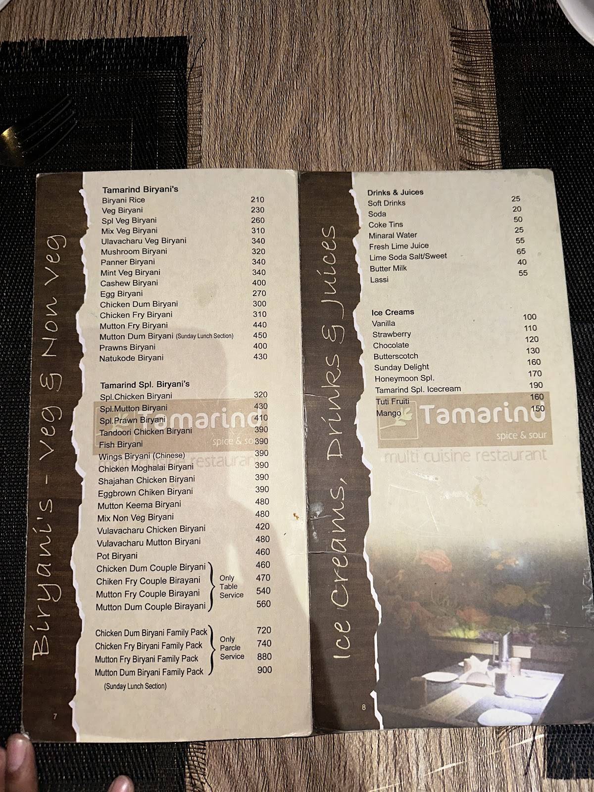 Tamarind Restaurant menu
