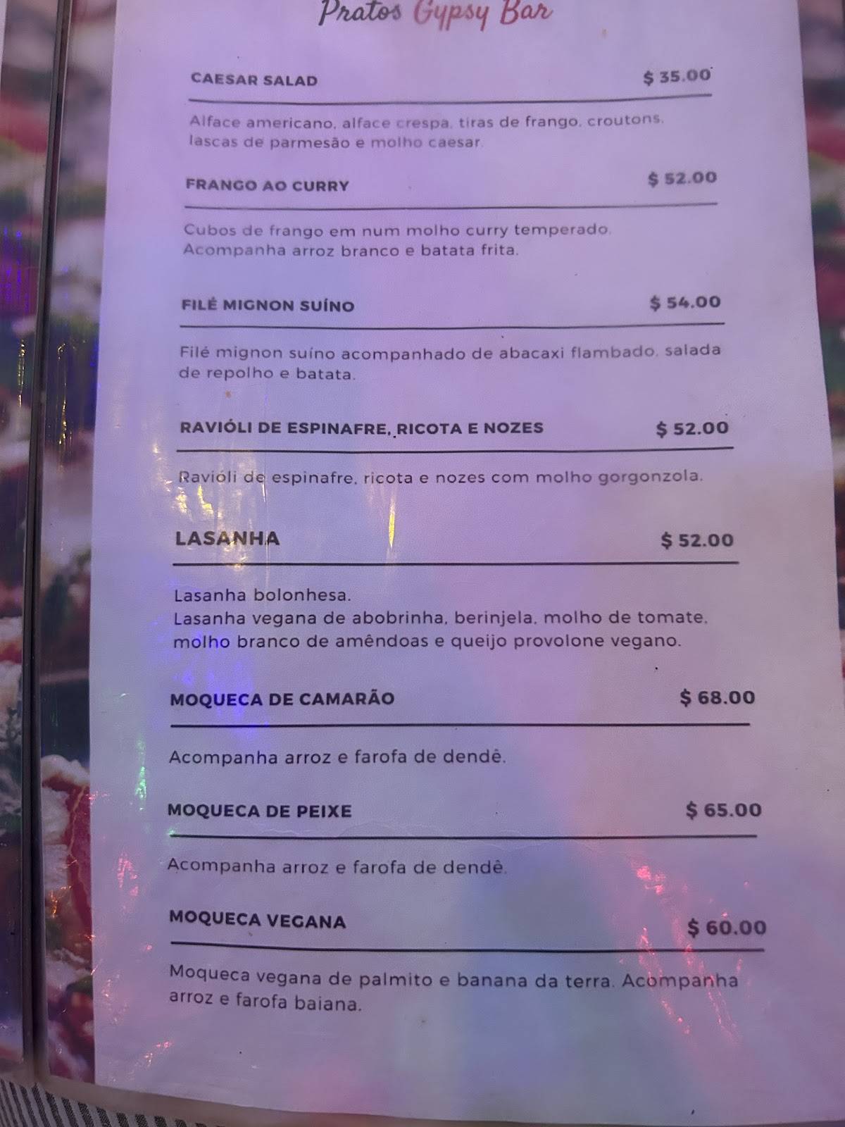 Gypsy Búzios cardápio