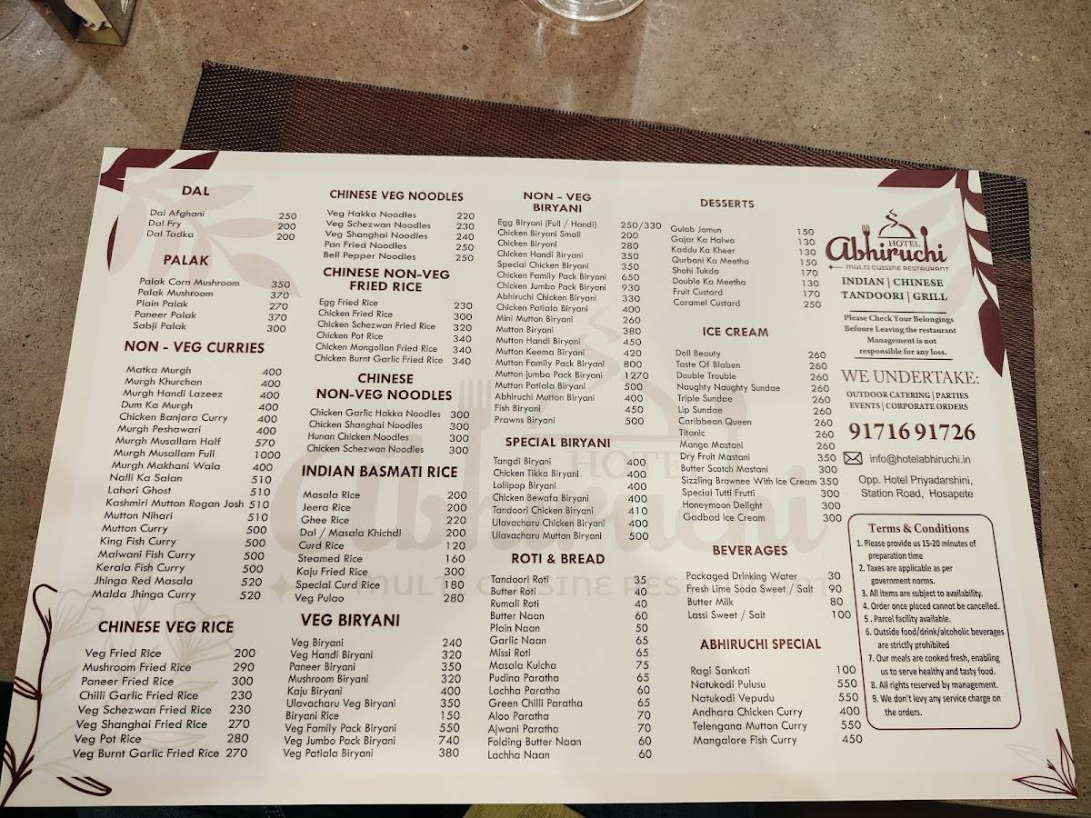 HOTEL ABHIRUCHI menu