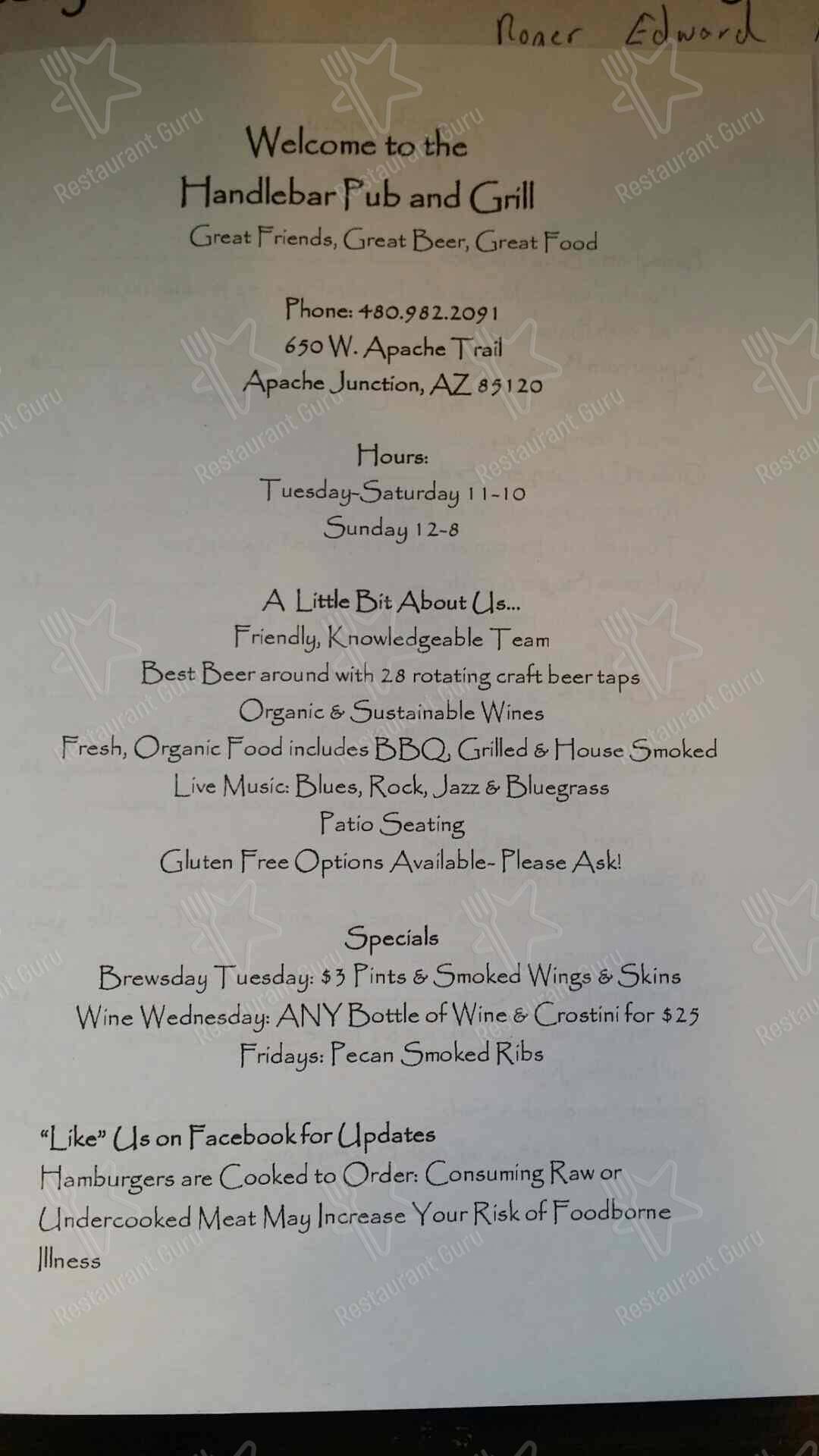 Menu at The Handlebar Pub and Grill, Apache Junction